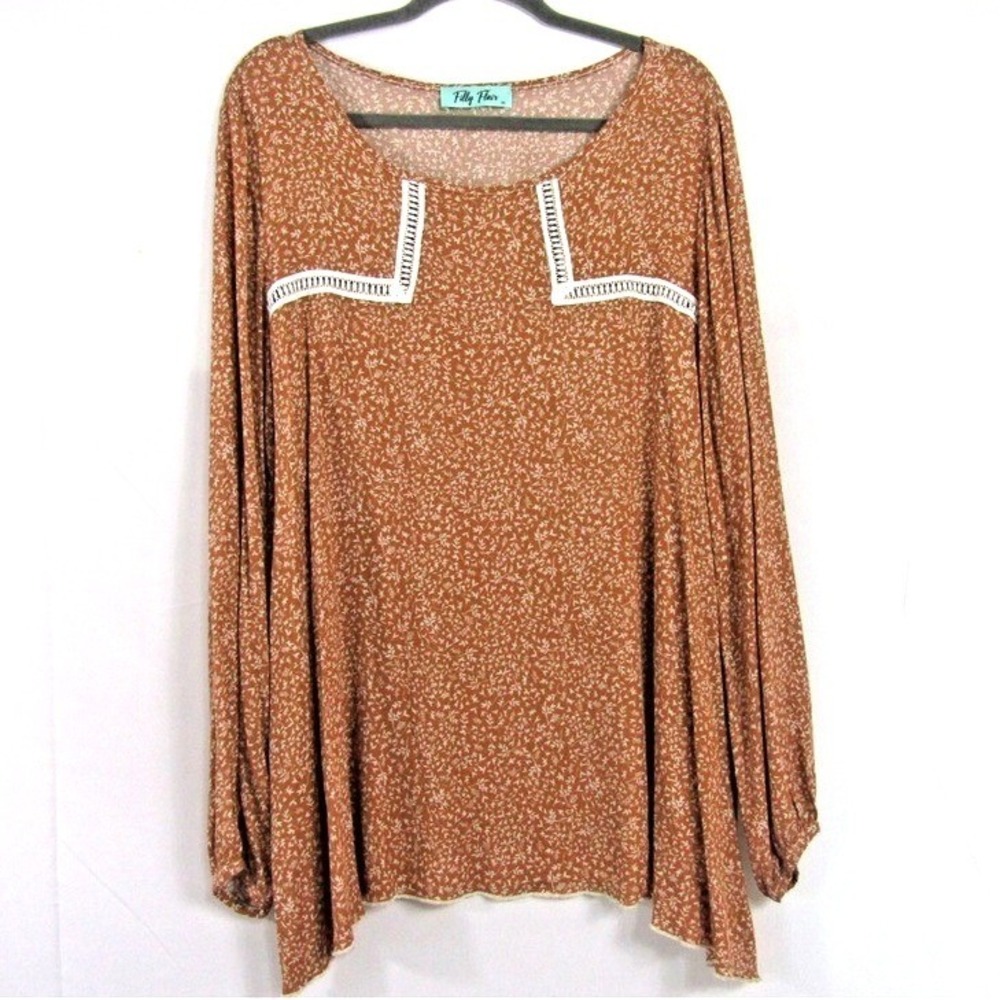 Filly Flair Rayon Brown Floral Lace Top sz XL Boho Cottagecore Tunic Flowy